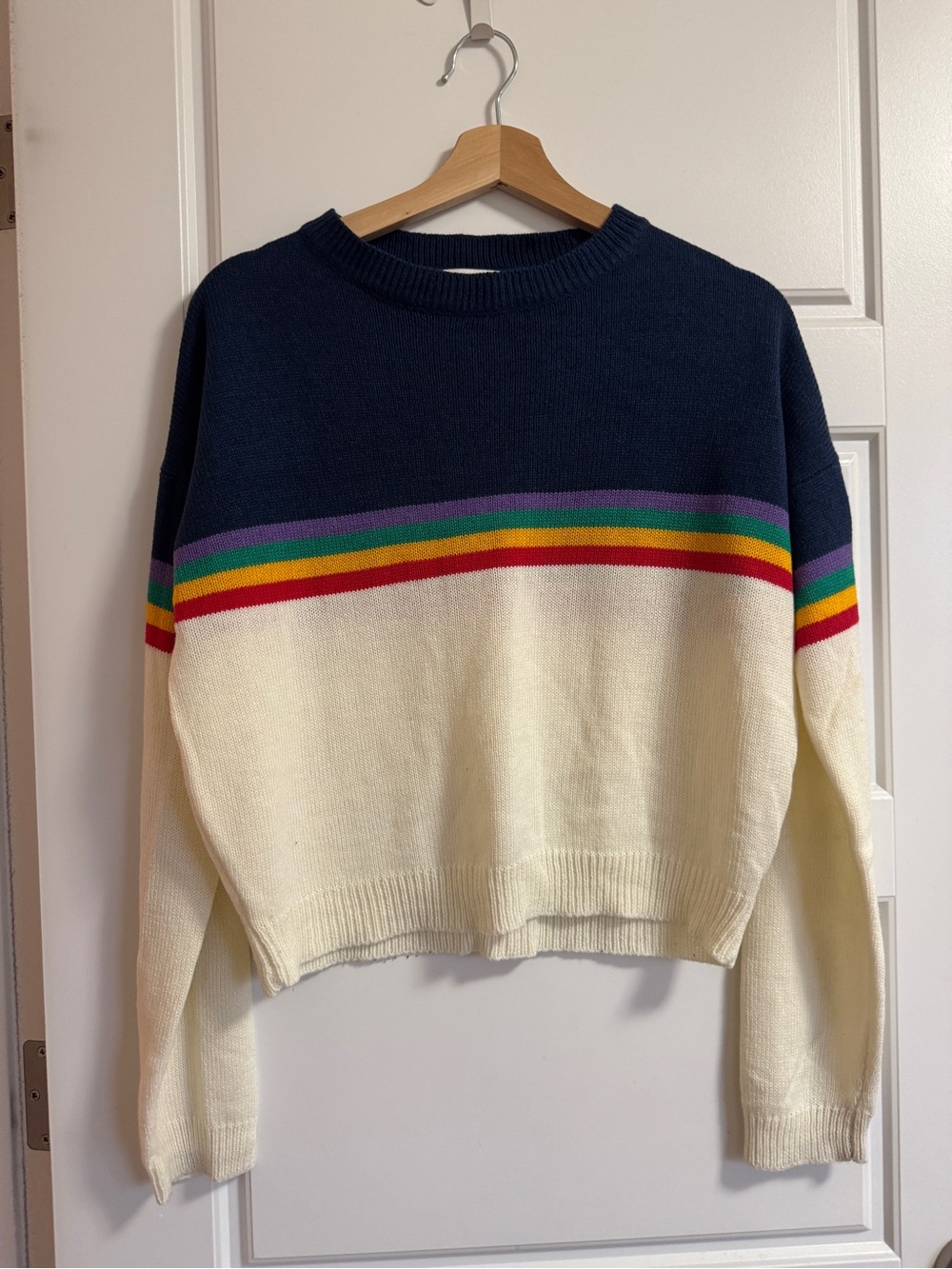 Navy and Cream Rainbow Stripe Crewneck Sweater - Women